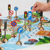 Learning Traffic Sign Set with Play Mat Educational City Play Set Wooden Playset Compact for Children, Toddlers, Playroom