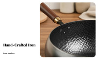 Hand Hammered Wok Non Coating Traditional Chinese Wok Uncoated Iron Pan Fast Heating Cookware Wooden Handle