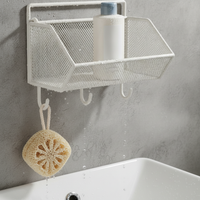Wall-Mounted Bathroom Shelf with Hooks, No-Drill Shower Caddy for Toiletries and Storage