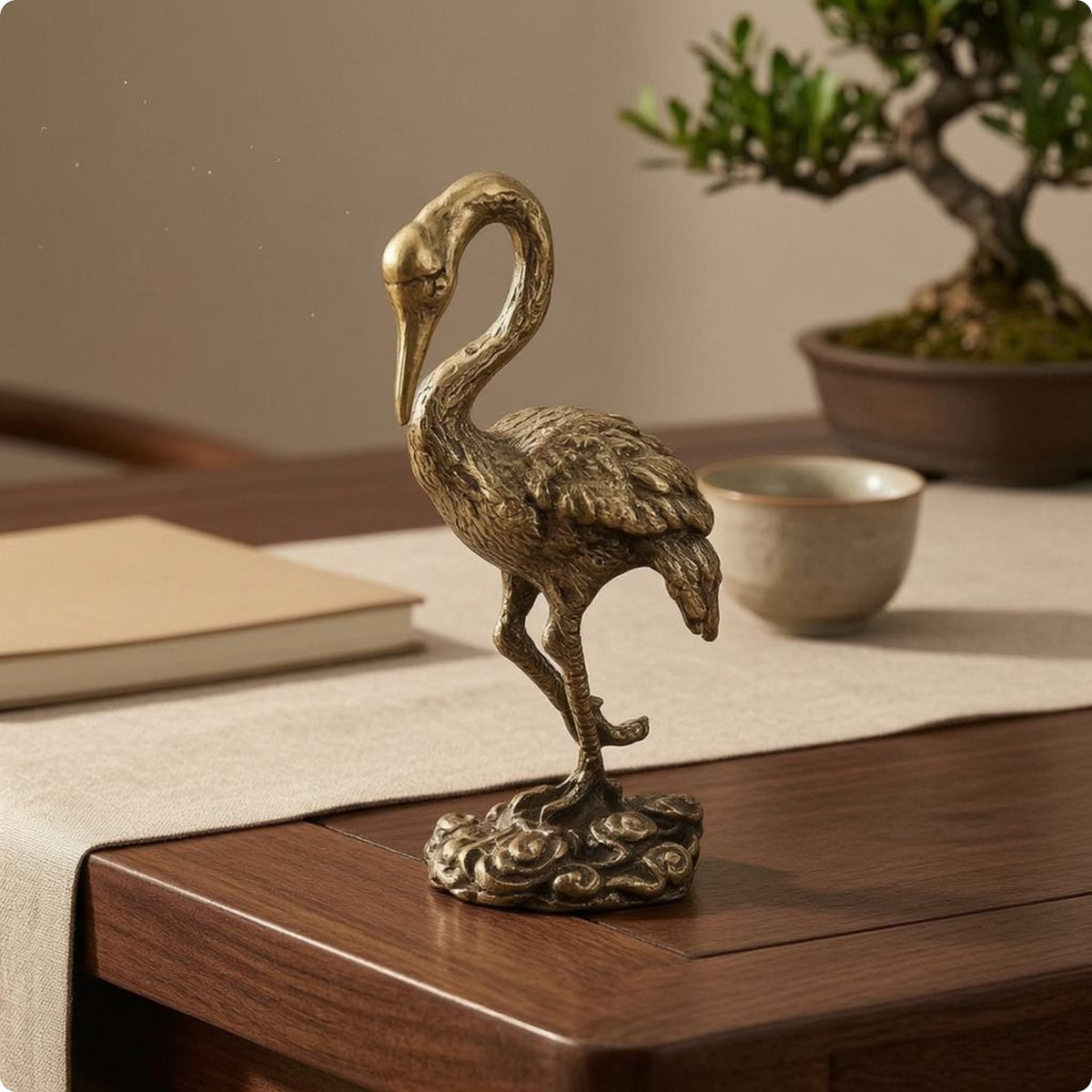 Gilded Crane Figurine Engraved Feathers Gilded Bird Figurine Metal Table Ornament