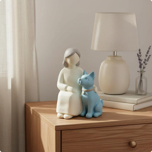 Maiden and Companion Figurine Warm Cozy Vignette and Canine Statue Cute Minimalist Resin Ornament for Bedroom, Garden, Living Room