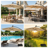 Cantilever Patio Umbrella with Solar Lights Water-Filled Offset Patio Umbrella with Base Hand-Crank for Homeowners, Hosts, Backyard, Poolside, Garden