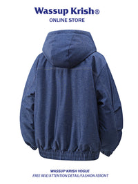 WASSUP KRISH羊羔绒连帽牛仔棉衣男冬季新款棉服加绒加厚棉袄外套