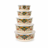 5 Pieces Enamel Food Storage Bowl Printed for Kitchen