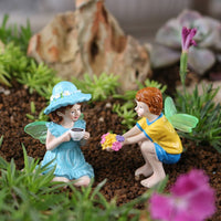 2 Pieces Boy and Female Fairy Figurines Hand Painted Miniature Whimsical Pair Statue Waterproof Figurine Set for Balcony, Desktop