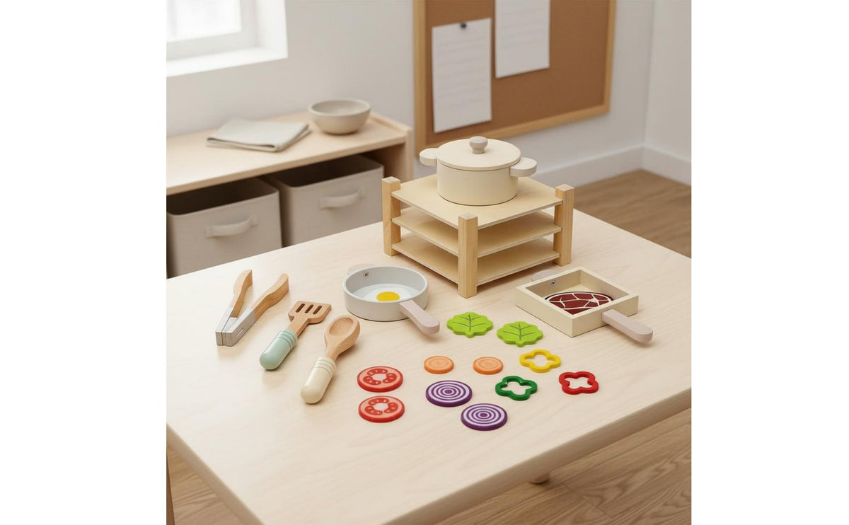 Wooden Culinary Play Set Interactive Game Wooden Kitchen Playset Realistic Simulation Toy Pots and Pans Set for Preschoolers, Young Children