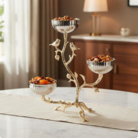 Three-Bowl Fruit Holder Gold-Tone Bird Decorative Stand Sturdy