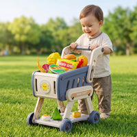 Push-Along Toy Shopping Cart with Food Role-Playing Kids Grocery Cart with Play Food Stable Imaginative for Toddlers, Children, Playroom, Home, Nursery