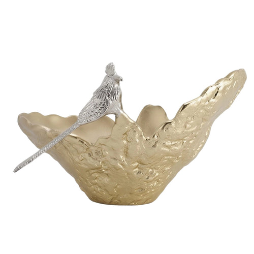 Bowl with Bird Ornament Wavy-Rimmed Sculptural Aluminum Bowl Lustrous