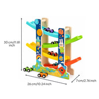 Multi-Level Wooden Car Ramp with 6 Cars Compact Wooden Car Ramp Race Track Toy Indoor Toddler Race Track for Preschoolers