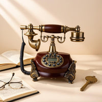 Antique-Style Corded Telephone Brass-Toned Vintage Wired Telephone Ornate Decorative Push-Button Phone