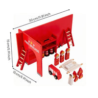 Wooden Fire Station Set Painted Fire Assist Toy Scene Bright Red Firefighter Figure Set for Kids