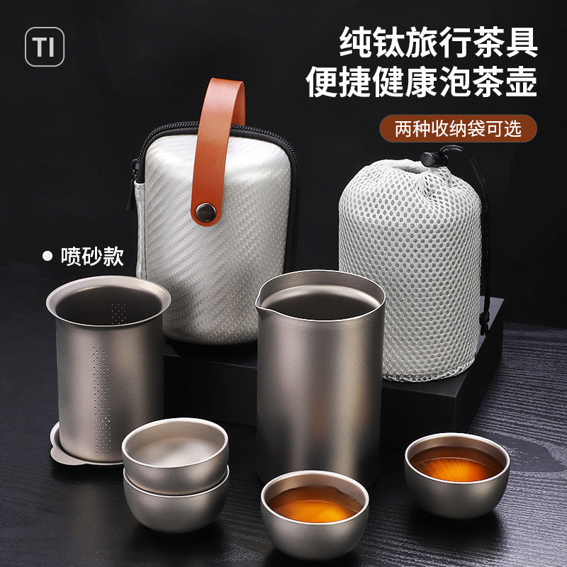 Pure Titanium Travel Tea Set with Lid, Eagle Beak Teapot, Small Cups, Portable Camping Tea Set
