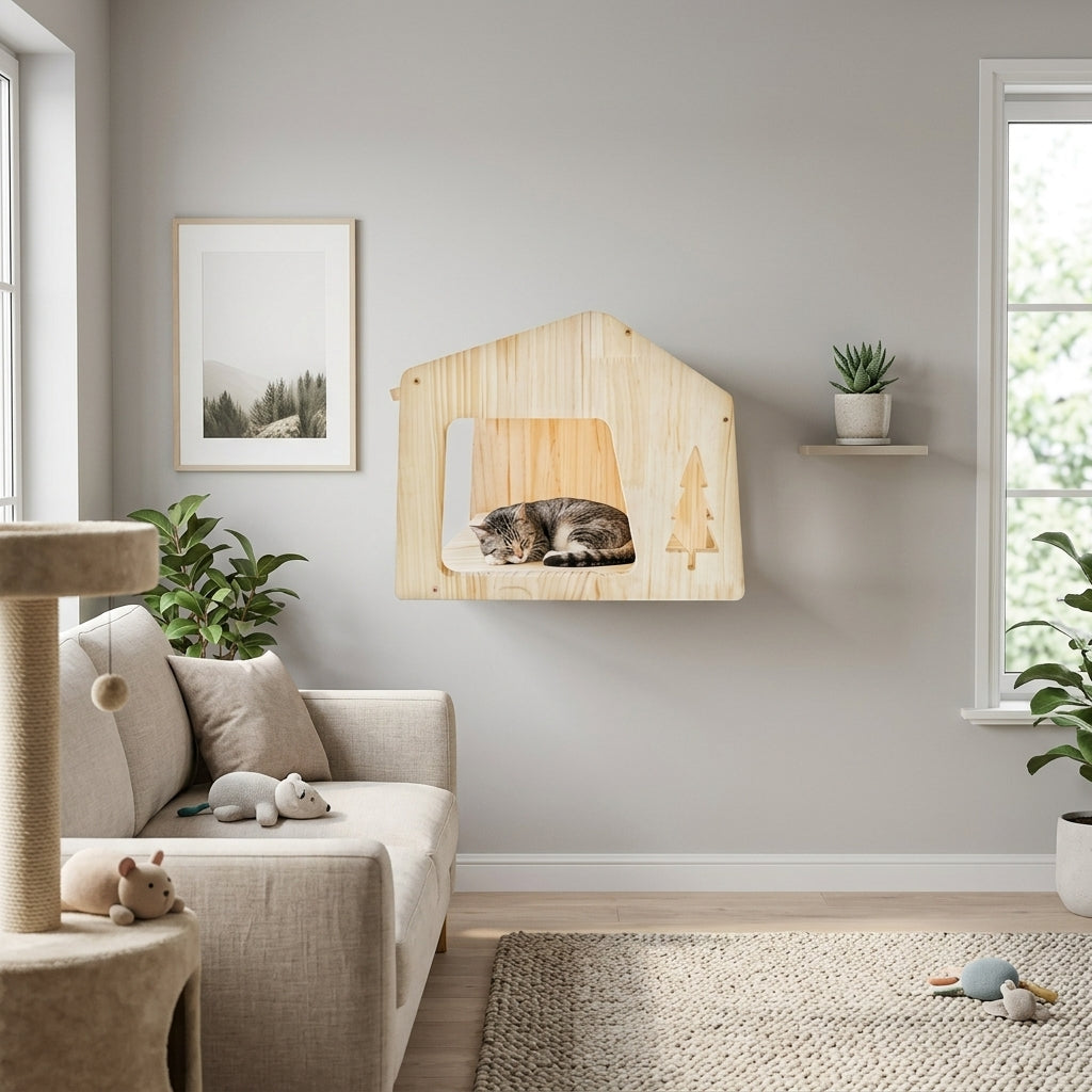Wall Mounted Cat Shelf with Enclosed House and Hammock, 5-Level Activity Tree