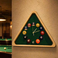 Billiard Rack Wall Clock Green Felt-Like Triangular Pool Clock Gold-Tone Hands for Home Decor