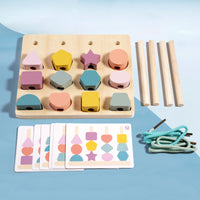 Multifunctional Lacing Board with Pegs Wooden Geometric Matching Board Fine Motor Skills Sorting and Stacking Toy Set Educational for Toddlers, Preschoolers, Homeschooling