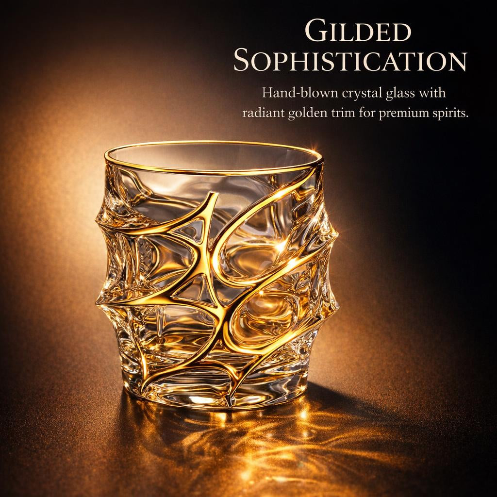 Crystal Whisky Glass for Home Bar, Old Fashioned Glasses Light Luxury Retro, Whisky Tumbler Geometric Pattern, Gold Rimmed Brandy Glasses