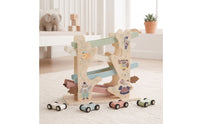 Pastel Wooden Car Ramp with Cars Tabletop Sliding Track Toy with Cars Educational Car Ramp Toy Compact for Toddlers, Preschoolers, Kids, Playroom, Nursery, Preschool