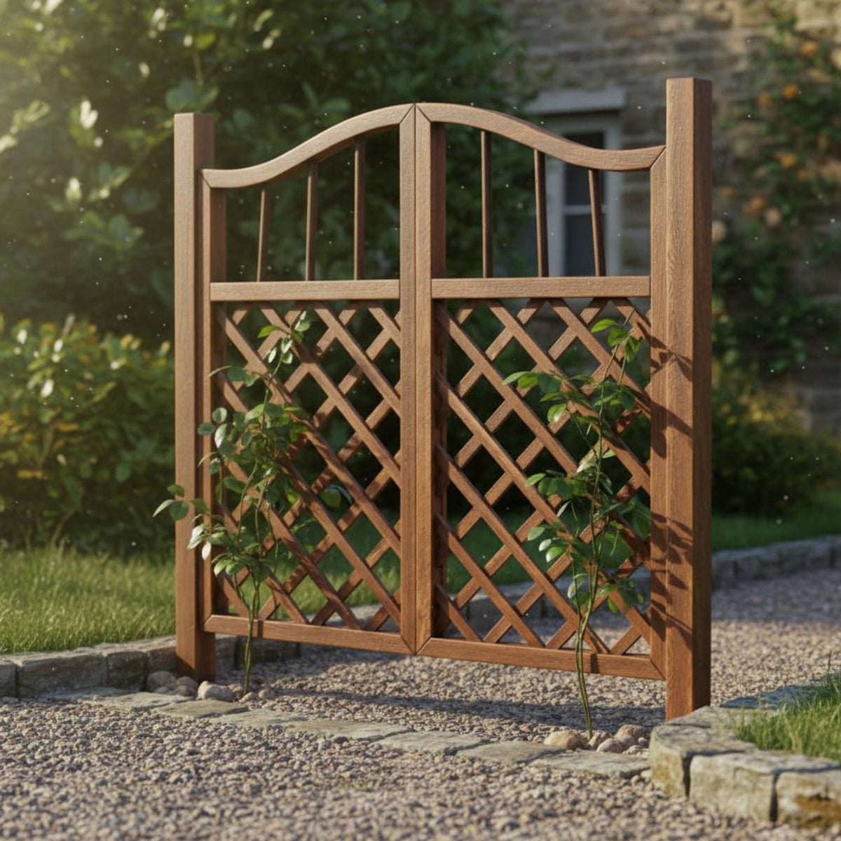 Wooden Lattice Gate Weather-Resistant Arched Double Garden Gate Anti Carbonized Fir Wood Fence for Homeowners, Yard, Vegetable Bed, Patio