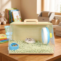 Portable Hamster Cage with Full View Acrylic Design, Wood Handheld Travel Hamster Cage for Small Pet Outdoor Outgoing and Transparent Carrying
