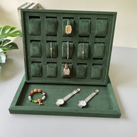 Jewelry Display Tray with 15/18/24 Grids, Velvet, Green or Gray, for Necklaces and Pendants