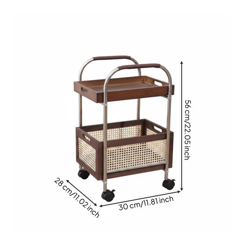 Portable Shelf Unit With Wheels 2 Tier Rolling Cart Removable Tray Wooden Serving Cart for Living Room