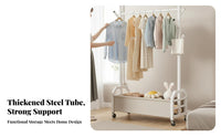 Mobile Design Wheeled Clothing Rail with footwear shelf Space-Saving Clothes Stand Easy Assembly Garment Organizer Minimalist design for Apartment Dwellers, Homeowners, Students, Bedroom, Dorm Room, Entryway, Cloakroom
