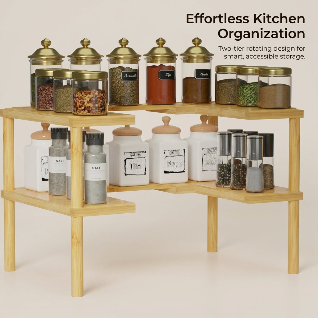 2-Tier Rotating Spice Rack Organizer for Kitchen Countertop, Turntable Spice Holder for Cabinet, Revolving Seasoning Rack, Storage, Bamboo Spice Rack