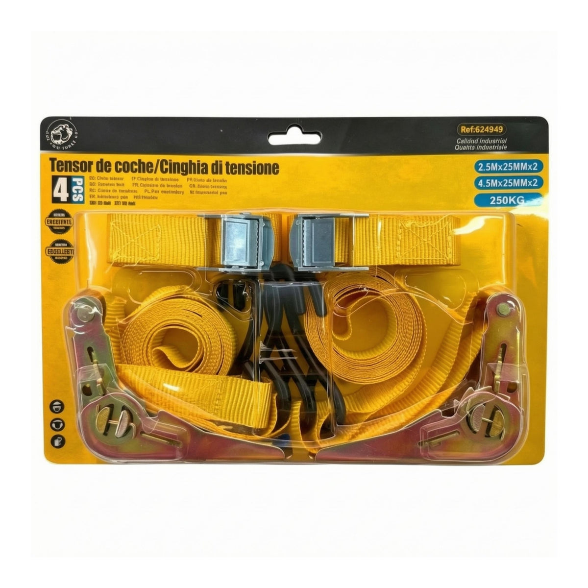 4 Pieces Ratchet Secure-down Straps Amber Nylon Ratchet Straps Clear Blister Tray