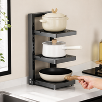 Three-Layer Pot and Pan Rack, Adjustable Cookware Storage Unit, Carbon Steel Pan Organiser for Kitchen Countertop, No Assembly Required
