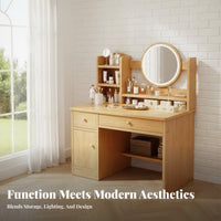 Dressing Desk with Round Mirror Includes Matching Stool for Apartment, Teenagers
