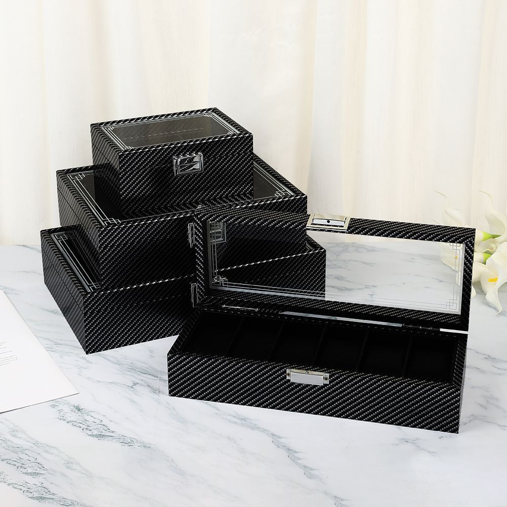 Carbon Fiber Watch Storage Box with Dust Protection, Multiple Slots