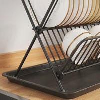 Dish Drying Rack and Drainer Rack, Foldable Carbon Steel X-Shaped Dish Drainer, Space-Saving Kitchen Dish Rack with Drip Tray for Modern Counter
