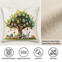 Easter Cushion Cover Linen Rabbit & Egg Tree Pattern, Decorative Throw Pillow Case with Invisible Zip, Farmhouse Spring Home Decoration for Sofa Couch Living Room Bedroom (45cm x 45cm)