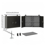 Lockable cabinet with adjustable shelves.