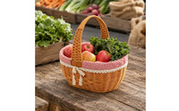 Arched Handle Picnic Basket Handwoven Lined Hand Basket Gingham Lining Container Lace Trim for Shopping