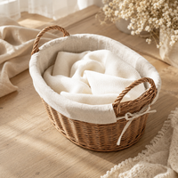 Hand-Woven Wicker Laundry Basket Vintage Rattan Storage Hamper for Dirty Clothes
