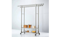 Adjustable Double Rod Clothes Rack Space-Saving Clothes Rack with Wheels Mobile Portable for Laundry Room, Entryway