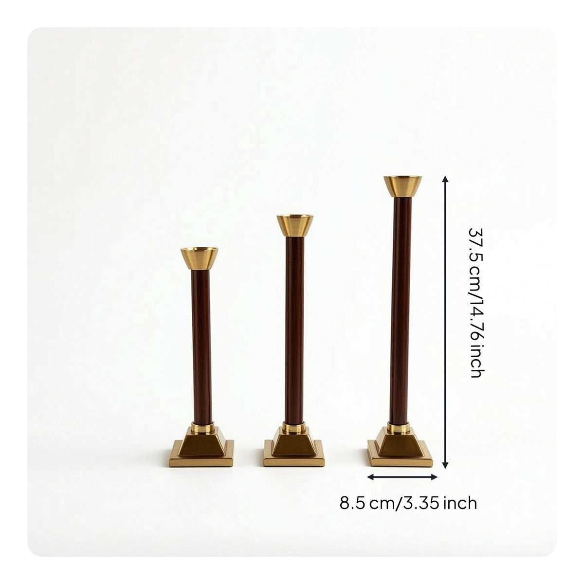 3 Pieces Modern-Retro Taper Candle Holder Brass-Colored Taper Candle Holder with Metal Cup Slim Candlestick with Wooden Stem Tapered for Tabletop, Dining Table, Mantel