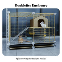 Easy-Clean Tray Indoor Rabbit Enclosure Accessible Able Roof 2-Tier Bunny Hutch Movable Wheels 2-Story Rabbit Hutch DIY Assembly for Families with Pets, Home, Living Room