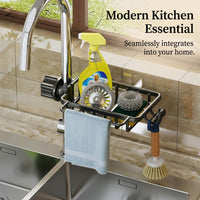 Faucet Rack and Sink Organizer for Kitchen Organization, Integrated Wall Mounted Storage with Dishcloth Rod and Hooks
