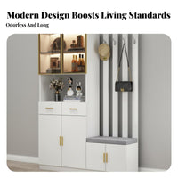 Multi-Functional Design Entryway Shoe Cabinet with Bench Tempered Glass Doors Entryway Shoe Storage Bench Sturdy Construction Mudroom Storage Cabinet Thick Padded Cushion for Apartment Dwellers, Families, Homeowners, Foyer, Hallway, Living Room