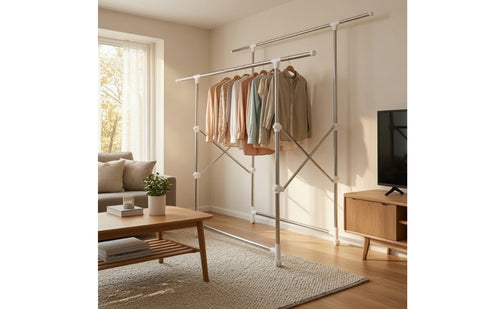 Adjustable Double Bar Garment Rack Mobile Double Rod Garment Rack Freestanding Two-Tier for Bedroom
