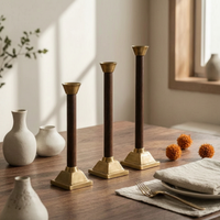 3 Pieces Modern-Retro Taper Candle Holder Brass-Colored Taper Candle Holder with Metal Cup Slim Candlestick with Wooden Stem Tapered for Tabletop, Dining Table, Mantel