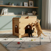 Wooden Cat Treehouse Scratcher Easy Assembly 2 Tier Cat House Breathable Pet Furniture for Cats, Kittens