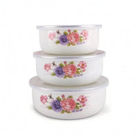 3 Pieces Glossy Enamel Food Storage Containers Space-Saving Enamel Bowls with Lids Reusable Nesting Bowl Set Multi-Purpose for Leftovers, Meal Prep, Kitchen