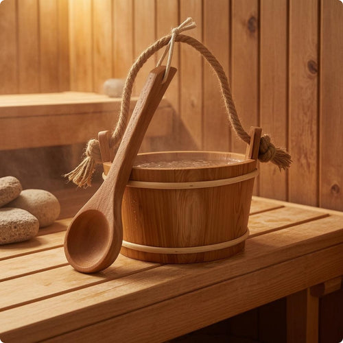 Sauna Pail and Ladle Set Open Top Wooden Pail and Ladle Kit Light Banding