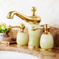 European-Style Three-Hole Basin Faucet with Natural Jade, Brass, Antique Finish