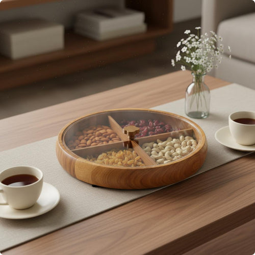 Round Wooden Snack Tray with Lid Lidded Nut Tray 4 Compartments for Living Room