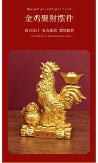 Golden Rooster Wealth Figurine with Gold Ingot, Desk Decor